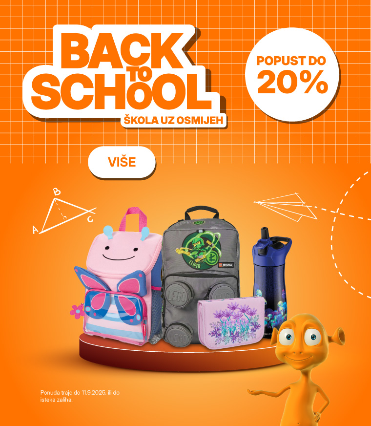 Back to School akcija - školski i vrtićki ruksaci, pernice, kutije za granu, boce za vodu i kreativni setovi za uspješan početak nove školske godine. Šareni i kvalitetni školski pribor za djecu svih uzrasta.