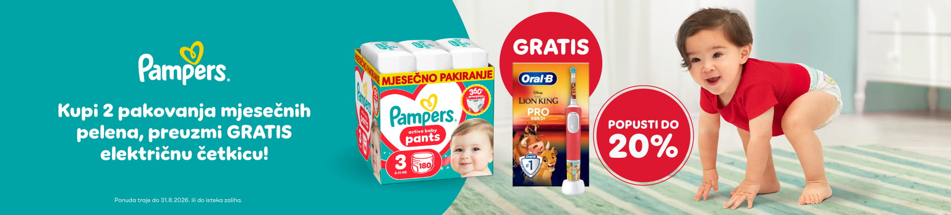 Pampers pelene popust 20% + poklon Oral-B električna četkica