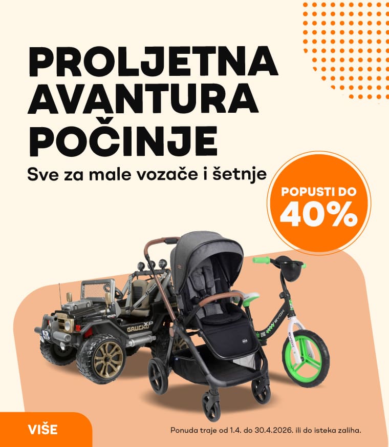 Djecja proljetna oprema za voznju - akcija romobila, auta na akumulator, kolica, autosjedalice, bicikli