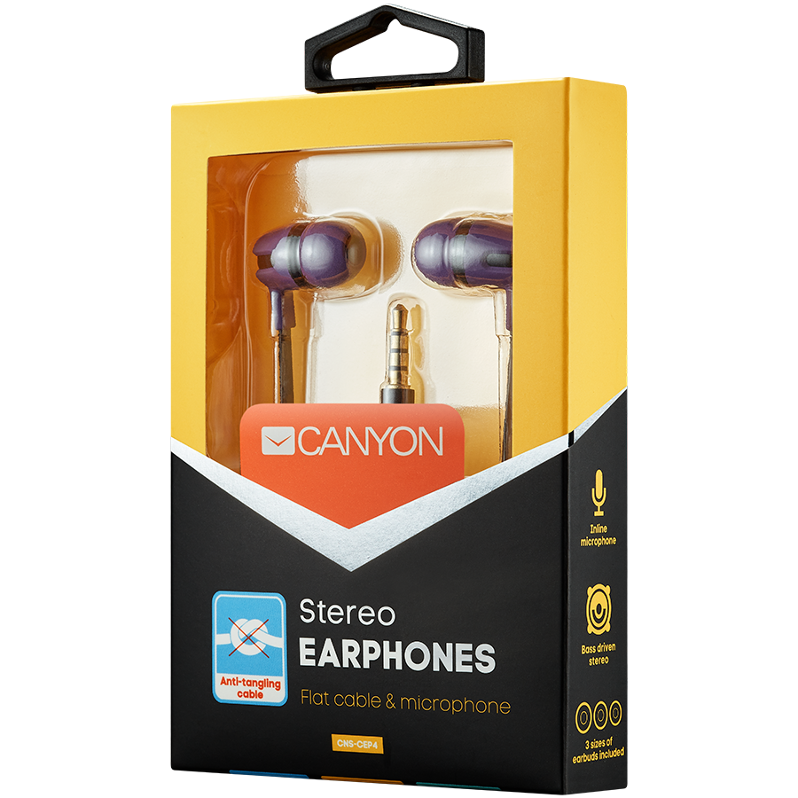 CANYON Stereo earphone with microphone, 1.2m flat cable, Purple, 22*12*12mm, 0.013kg CANYON Stereo earphone with microphone, 1.2m flat cable, Purple, 22*12*12mm, 0.013kg