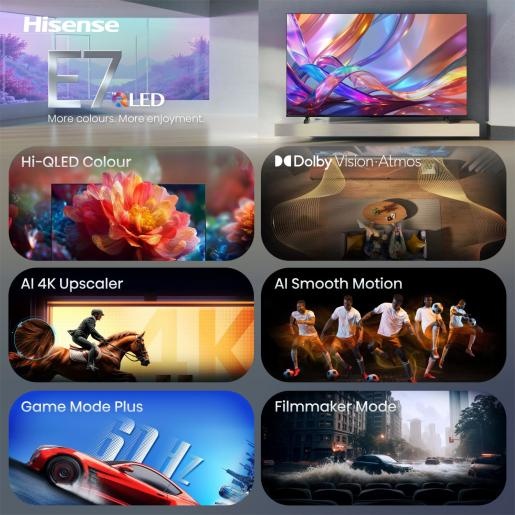 HISENSE Hi-QLED televizor 85E7S, 4K Ultra HD, Smart TV, VIDAA Smart OS, Dolby Vision IQ, HDR10+ Adaptive, Dolby Atmos, VRR 60 Hz, ALLM, AirPlay 2, AI Scenario, 3D Sound Upscaler, Metalni okvir, Crni
