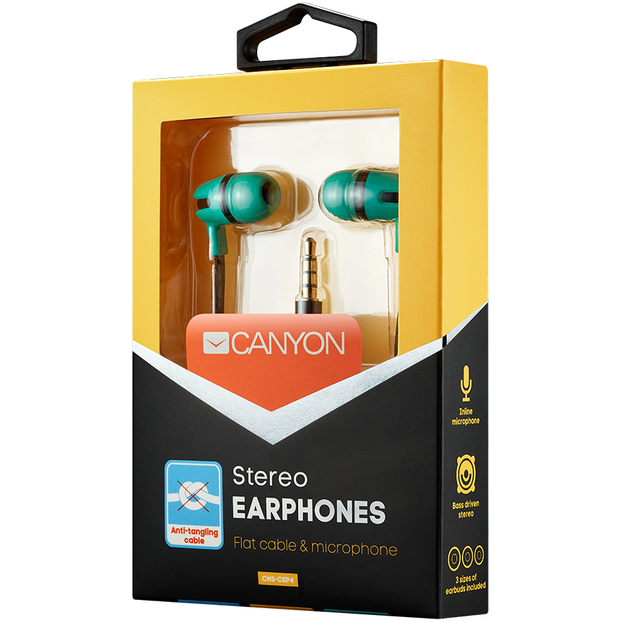 CANYON Stereo earphone with microphone, 1.2m flat cable, Green, 22*12*12mm, 0.013kg CANYON Stereo earphone with microphone, 1.2m flat cable, Green, 22*12*12mm, 0.013kg