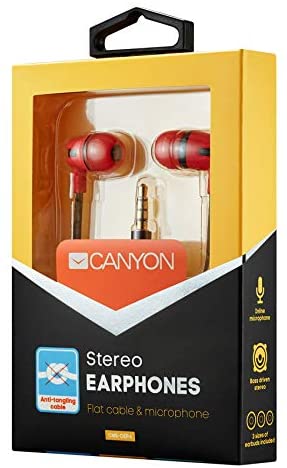 CANYON Stereo earphone with microphone, 1.2m flat cable, Red, 22*12*12mm, 0.013kg CANYON Stereo earphone with microphone, 1.2m flat cable, Red, 22*12*12mm, 0.013kg