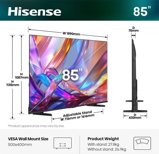 HISENSE Hi-QLED televizor 85E7S, 4K Ultra HD, Smart TV, VIDAA Smart OS, Dolby Vision IQ, HDR10+ Adaptive, Dolby Atmos, VRR 60 Hz, ALLM, AirPlay 2, AI Scenario, 3D Sound Upscaler, Metalni okvir, Crni